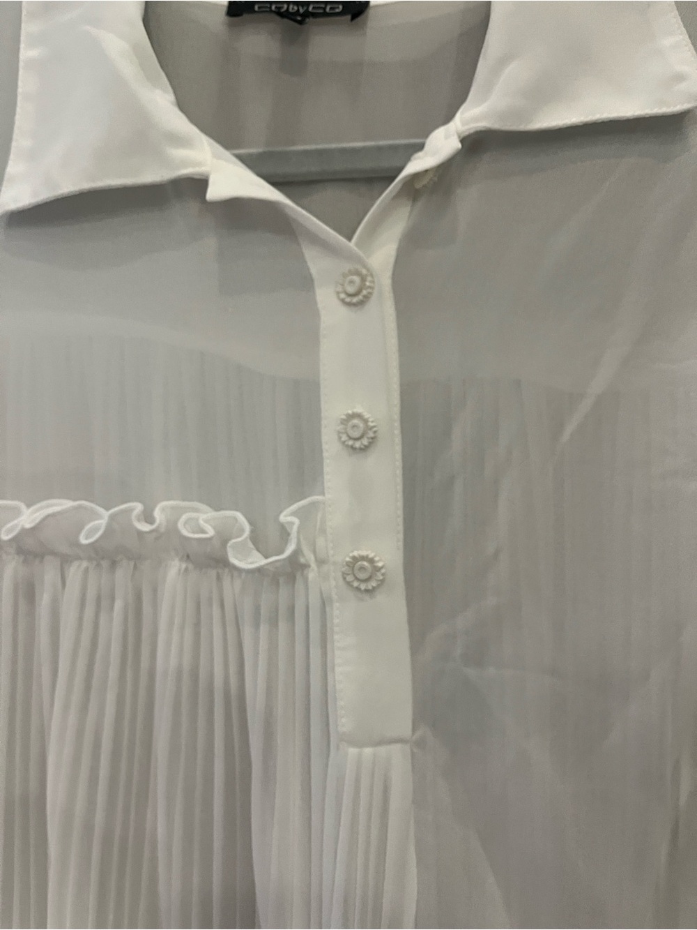 White Pleated Ruffle Button-Front Tunic - Picture 4 of 7